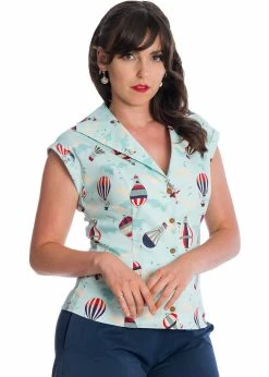 Banned Vintage Globe Hot Air Balloon 50's Blouse Blue