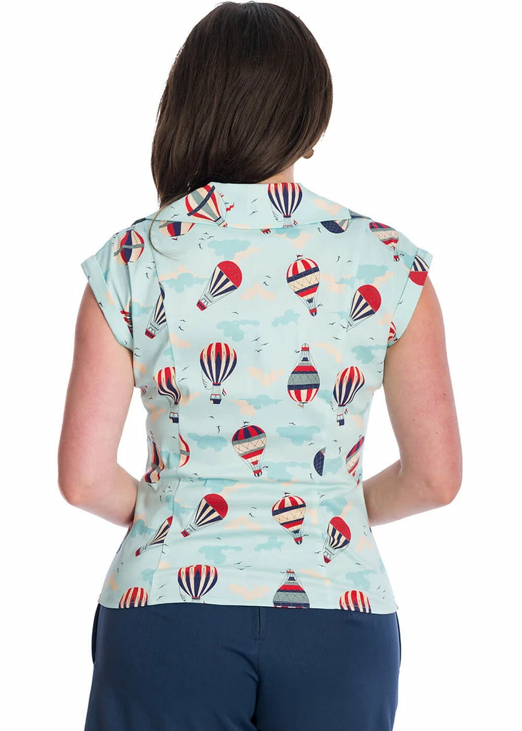 Banned Vintage Globe Hot Air Balloon 50's Blouse Blue - Image 3