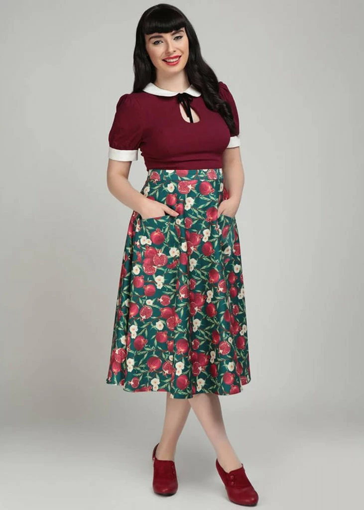 Collectif Silvia Pomegranata 50's Swing Skirt Teal 2 Collectif Silvia Pomegranata 50's Swing Skirt Teal - Image 2