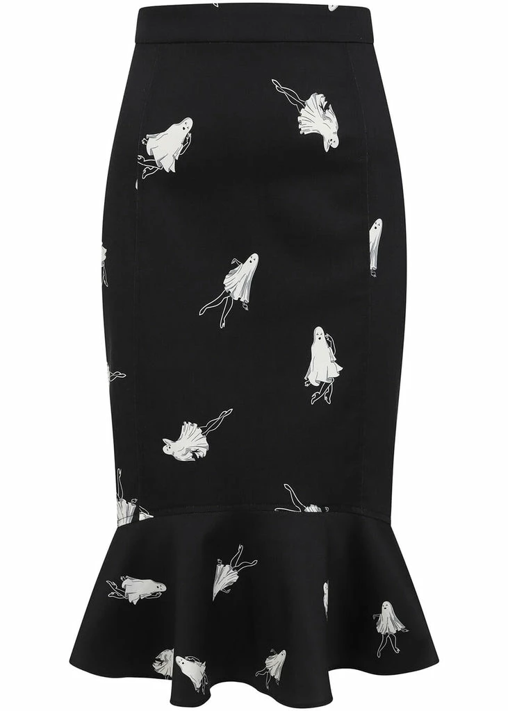 Collectif Winifred Pinup Ghouls 50's Fishtail Skirt Black White 1 Collectif Winifred Pinup Ghouls 50's Fishtail Skirt Black White
