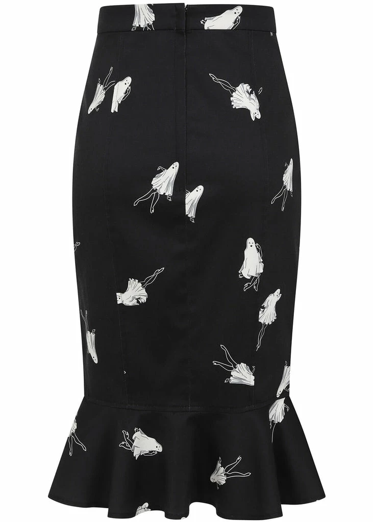 Collectif Winifred Pinup Ghouls 50's Fishtail Skirt Black White 3 Collectif Winifred Pinup Ghouls 50's Fishtail Skirt Black White - Image 3