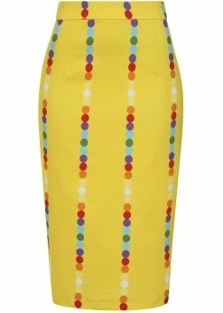 Collectif Polly Rainbow Polka Stripe 50's Pencil Skirt Yellow
