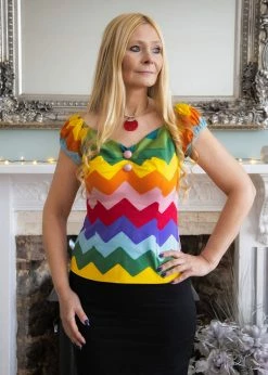 Collectif Dolores Rainbow Chevron 50's Top Multi Colour