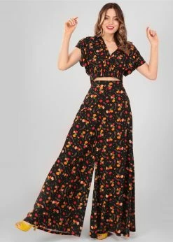 Collectif Akiko Ditsy Tulip Bloom 70's Trousers Black