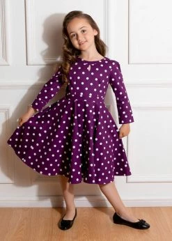 Hearts & Roses Kids Madalyn Polkadot 50's Swing Dress Purple