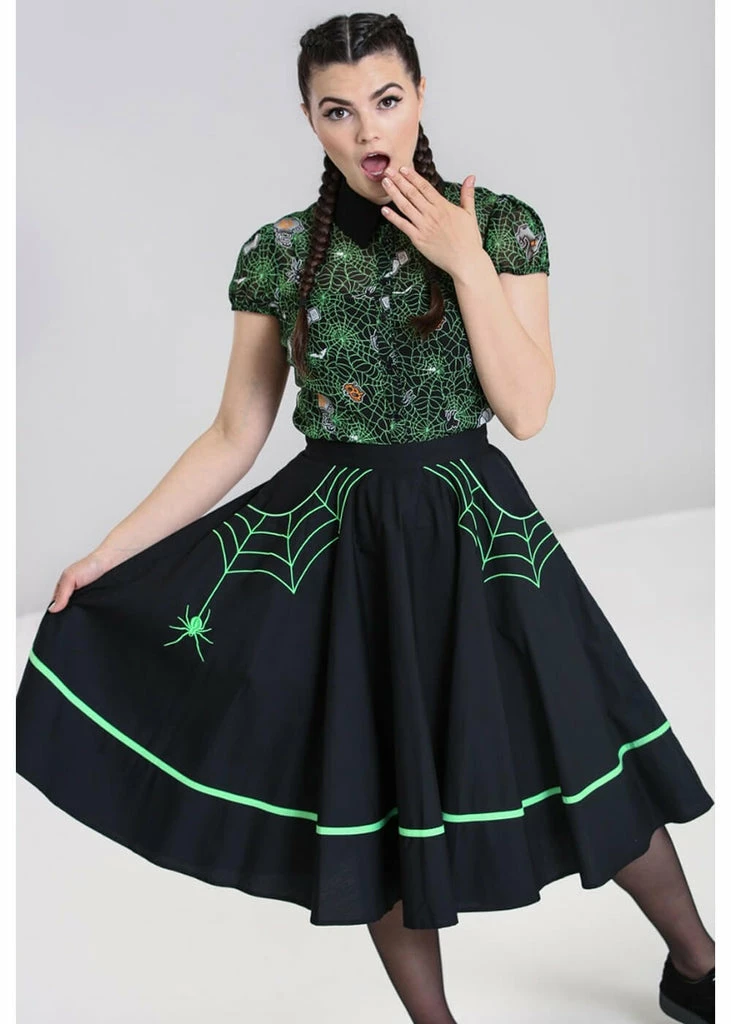 Hell Bunny Miss Muffet Spiderweb 50's Swing Skirt Black Green 2 Hell Bunny Miss Muffet Spiderweb 50's Swing Skirt Black Green - Image 2