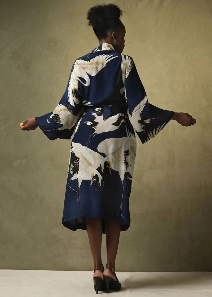 One Hundred Stars Stork Long Kimono Navy - Image 2