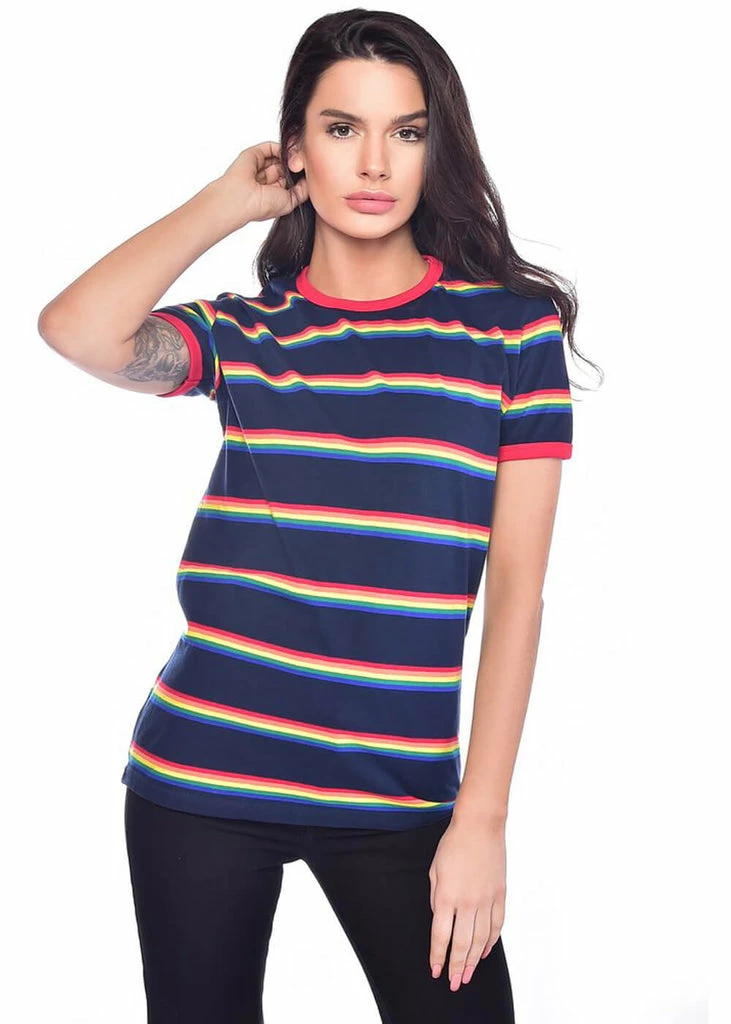 Run And Fly Retro Rainbow Block 70's T-Shirt Navy Blue - Image 3