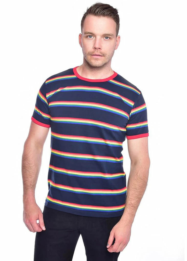 Run And Fly Retro Rainbow Block 70's T-Shirt Navy Blue - Image 2